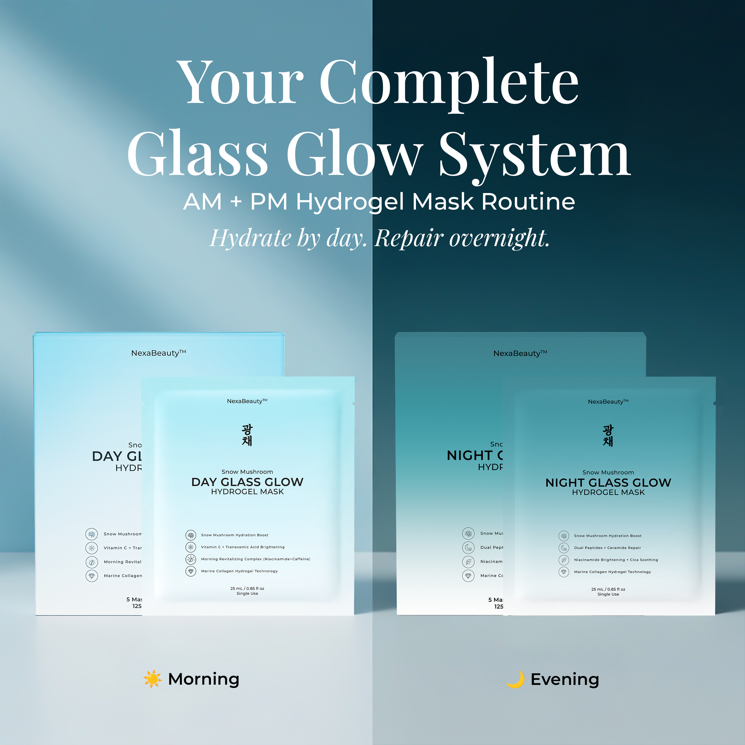 Snow Mushroom Day Glass Glow Hydrogel Mask — 5 Masks / 25mL Essence Each