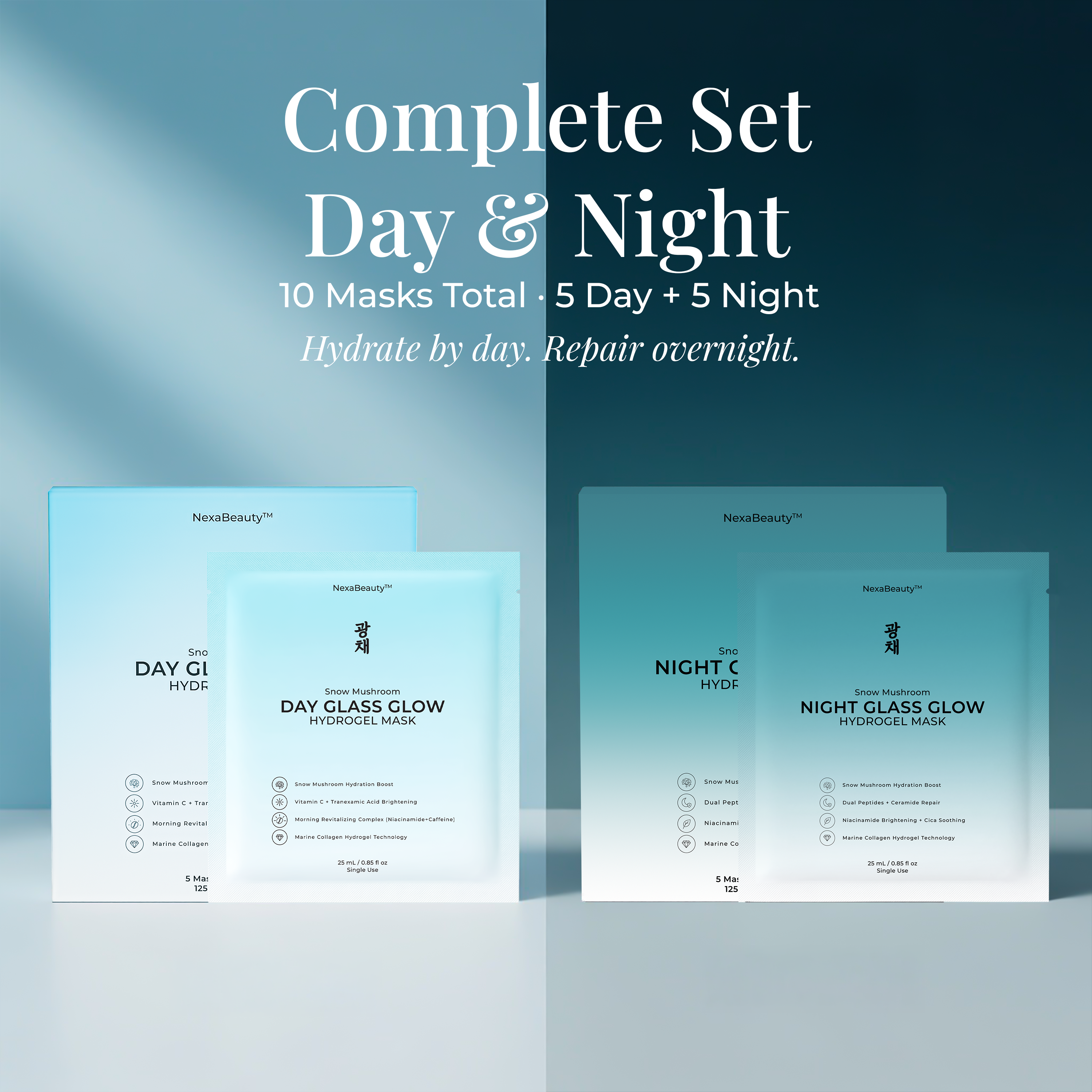 Snow Mushroom Day Glass Glow Hydrogel Mask — 5 Masks / 25mL Essence Each