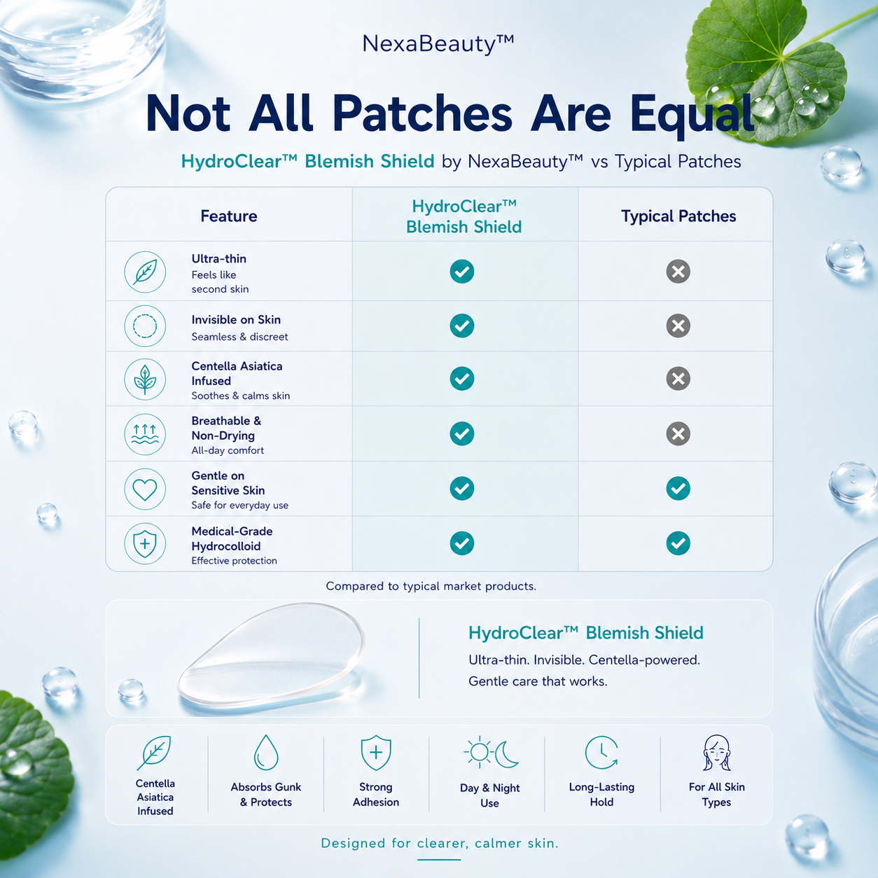 HydroClear™ Blemish Shield - Ultra-Thin Invisible Hydrocolloid Pimple Patch with Centella Asiatica, 36 Count