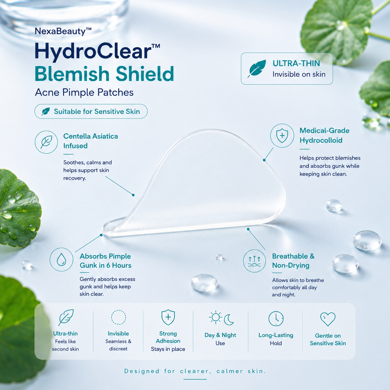 HydroClear™ Blemish Shield - Ultra-Thin Invisible Hydrocolloid Pimple Patch with Centella Asiatica, 36 Count