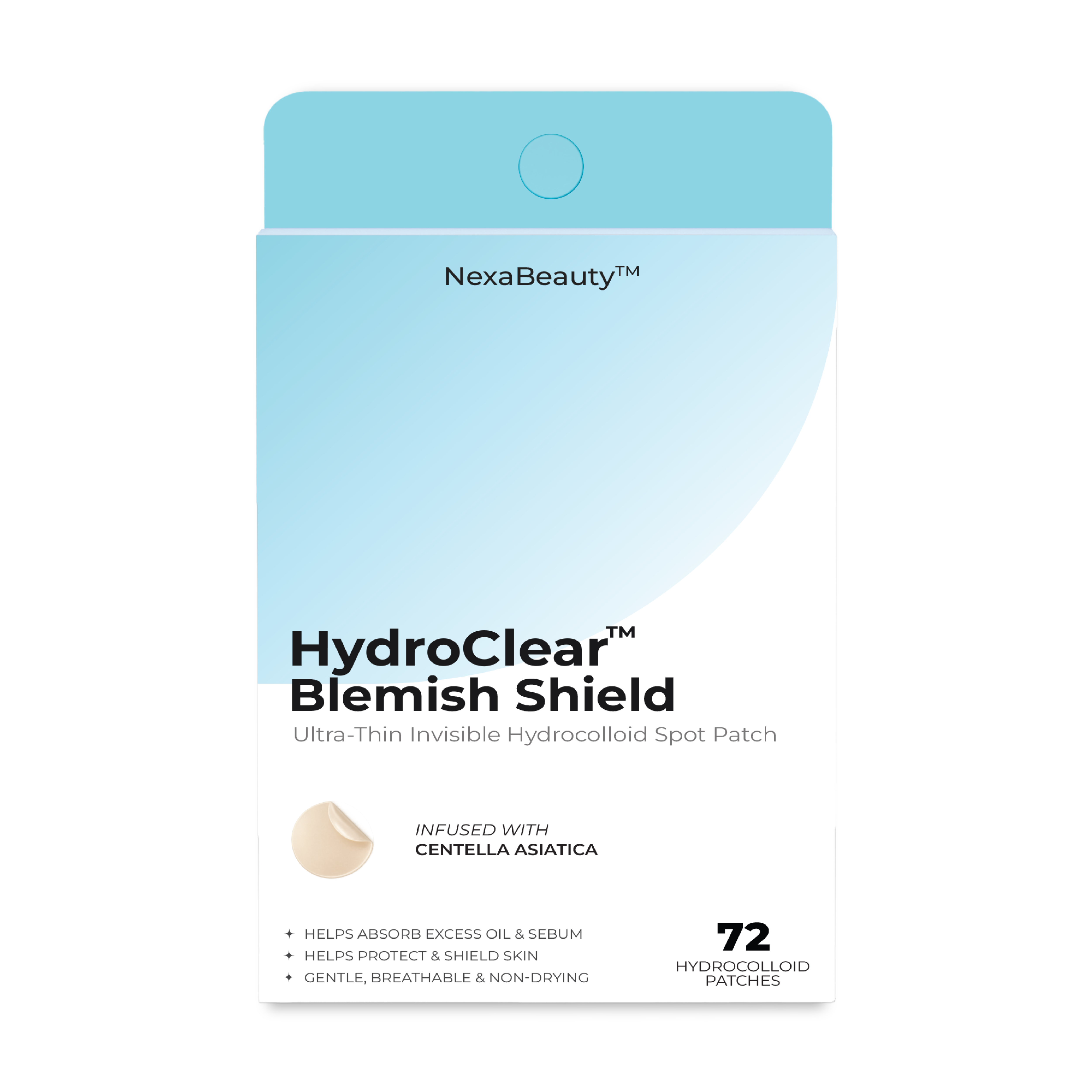 HydroClear™ hydrocolloid patch applied to skin blemish 72-count