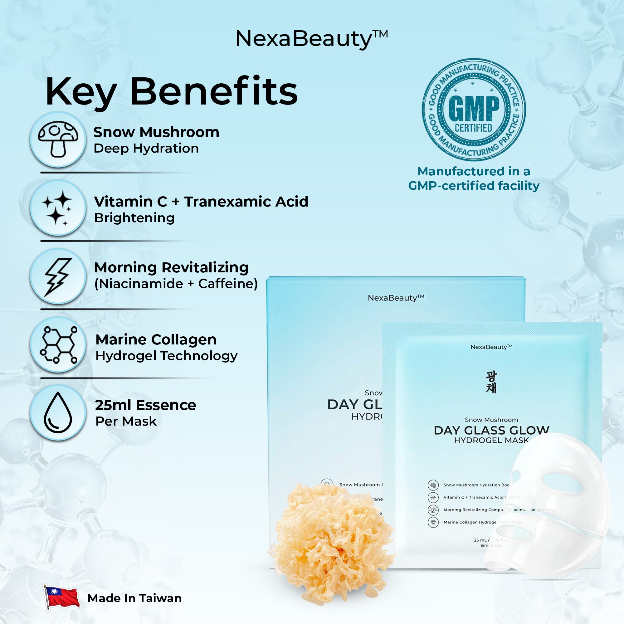 Snow Mushroom Day Glass Glow Hydrogel Mask — 5 Masks / 25mL Essence Each