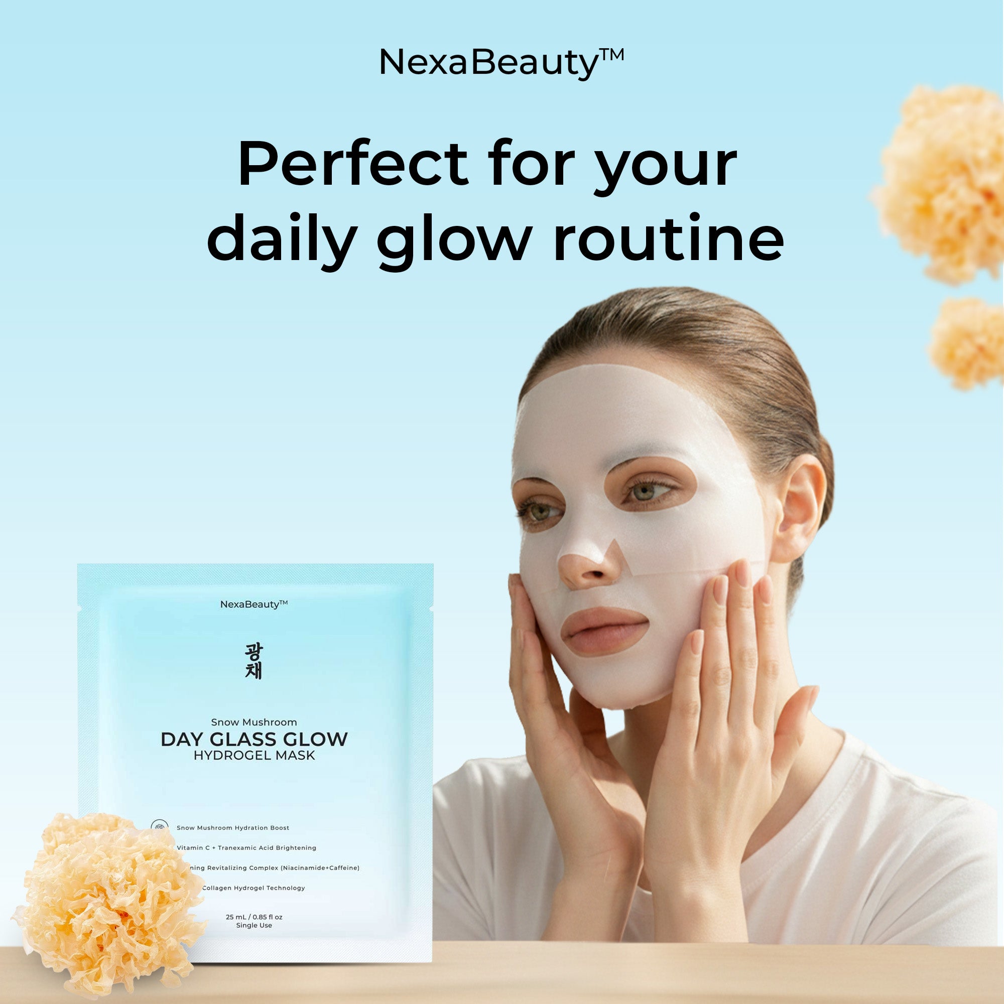 Snow Mushroom Day Glass Glow Hydrogel Mask — 5 Masks / 25mL Essence Each