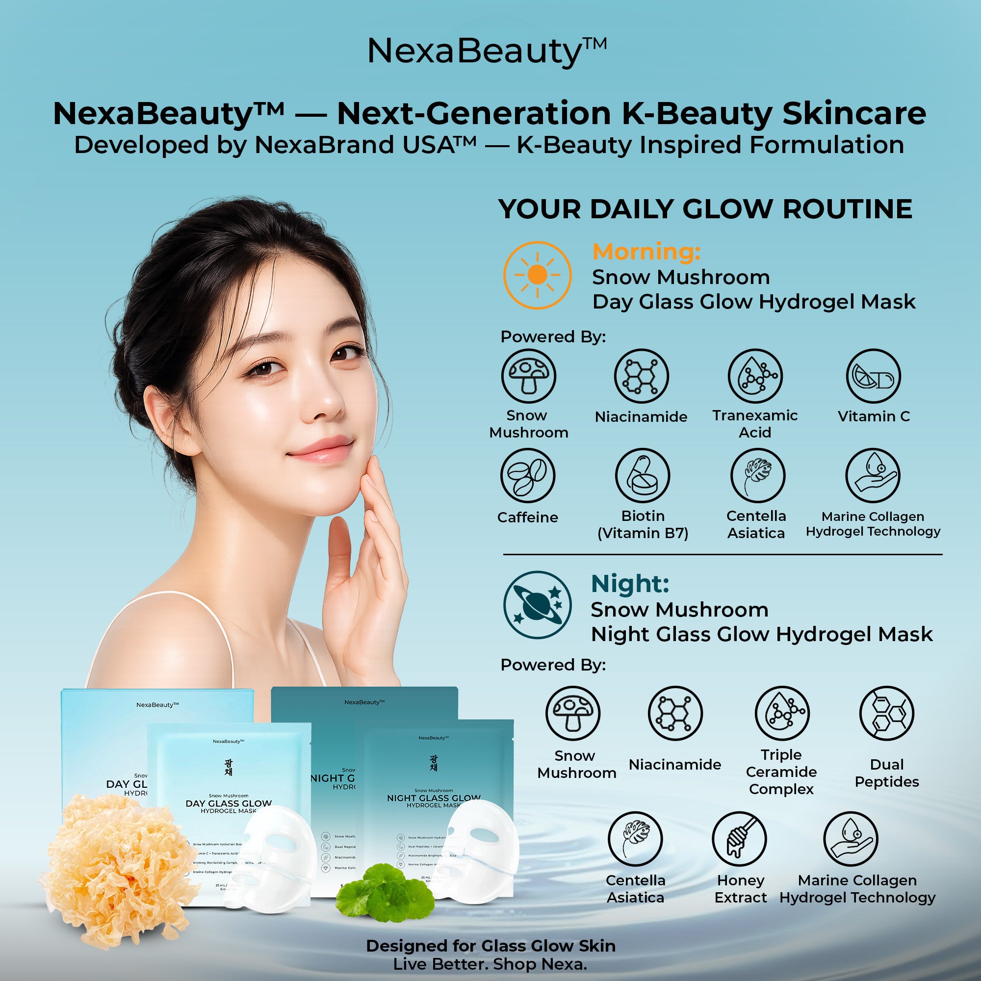 Snow Mushroom Night Glass Glow  Hydrogel Mask — 5 Masks / 25mL Essence Each