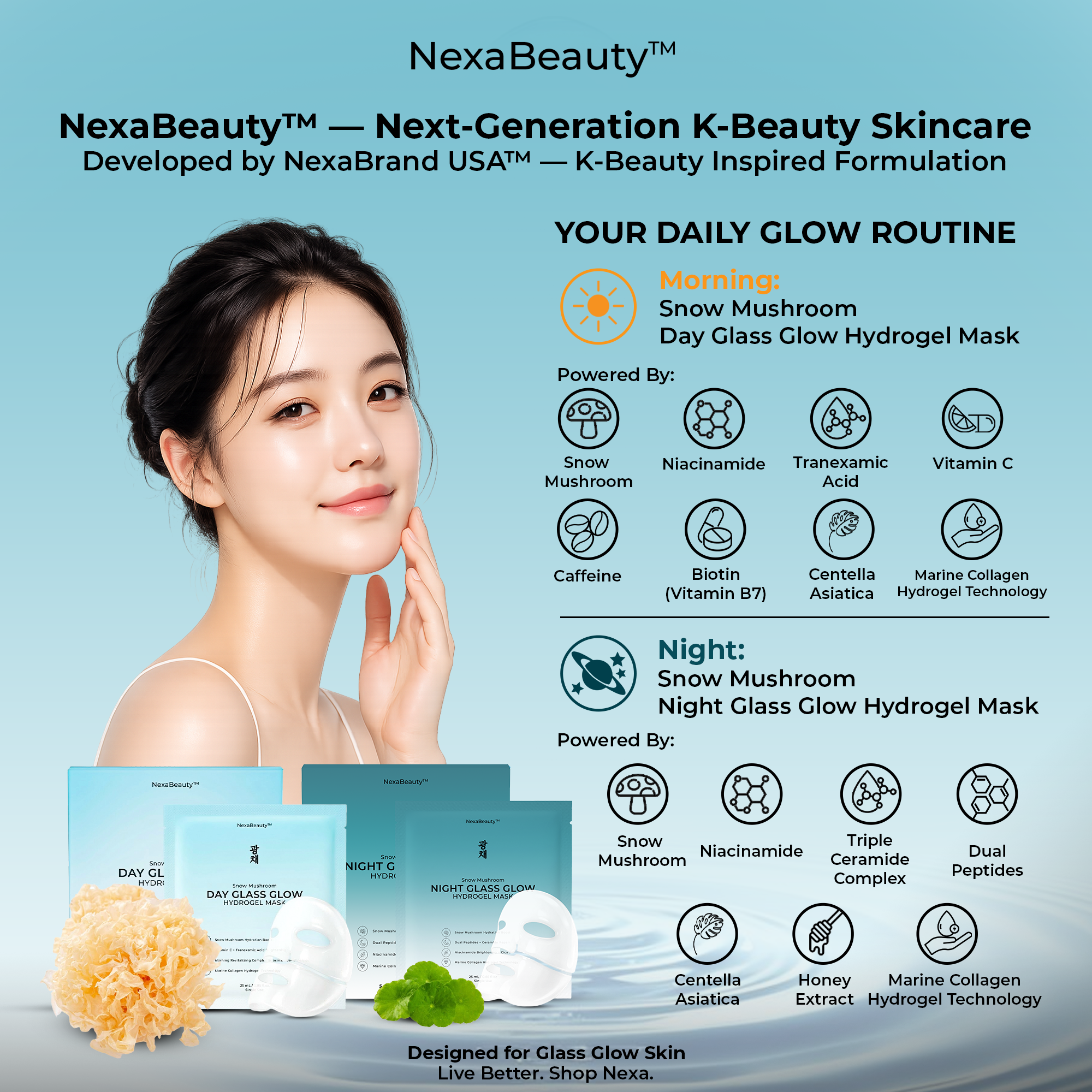 Snow Mushroom Day Glass Glow Hydrogel Mask — 5 Masks / 25mL Essence Each